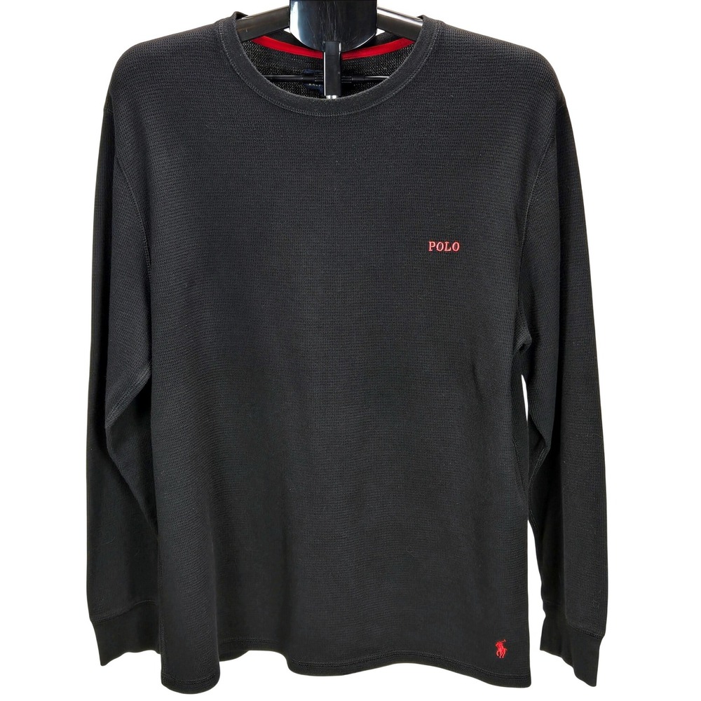 Men's Polo Ralph Lauren XL Black Waffle Knit Thermal Long Sleeve Shirt Preppy